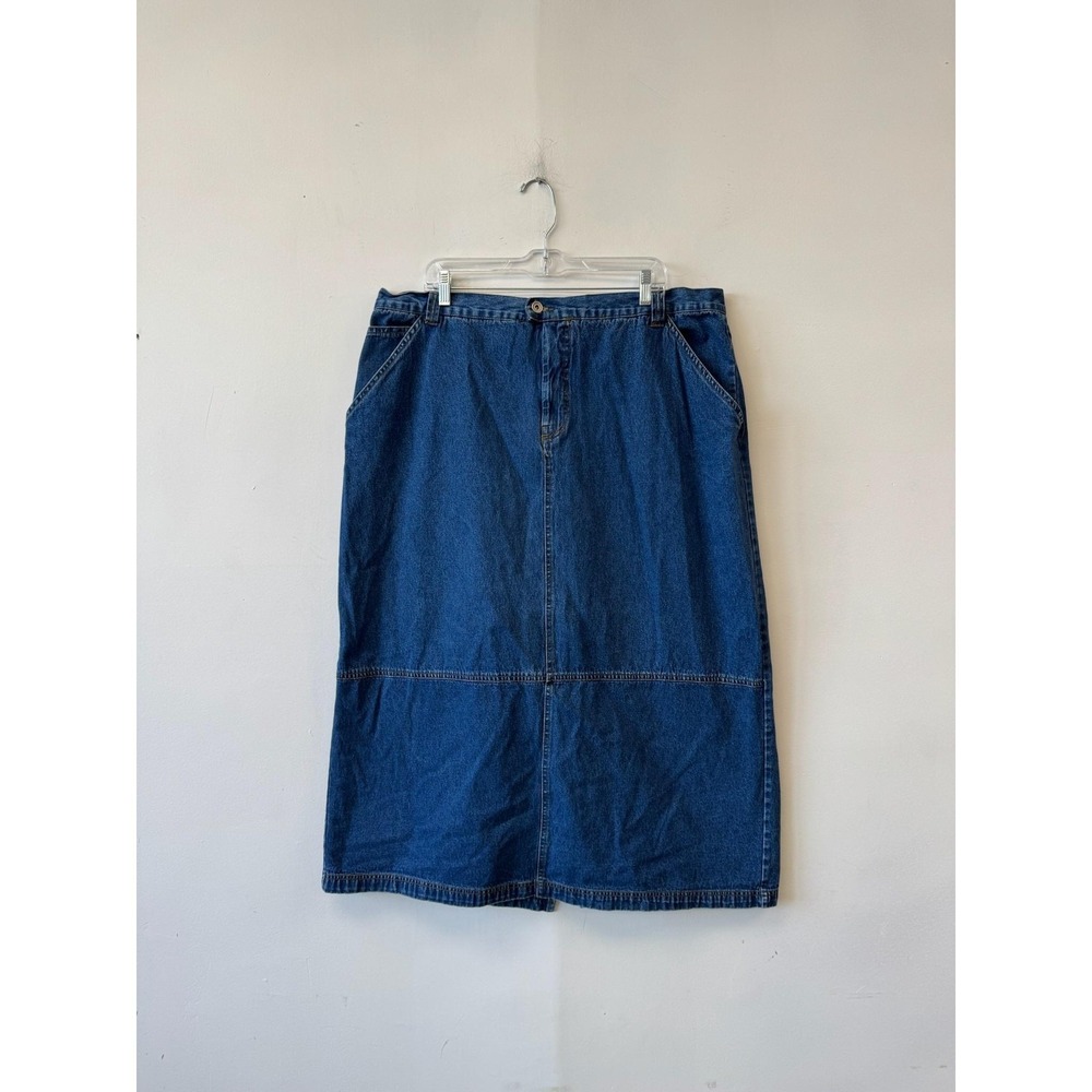 VTG DKNY Jeans Skirt Womens 38" Blue Denim Midi‎ Straight Buckle Back Casual 90s
